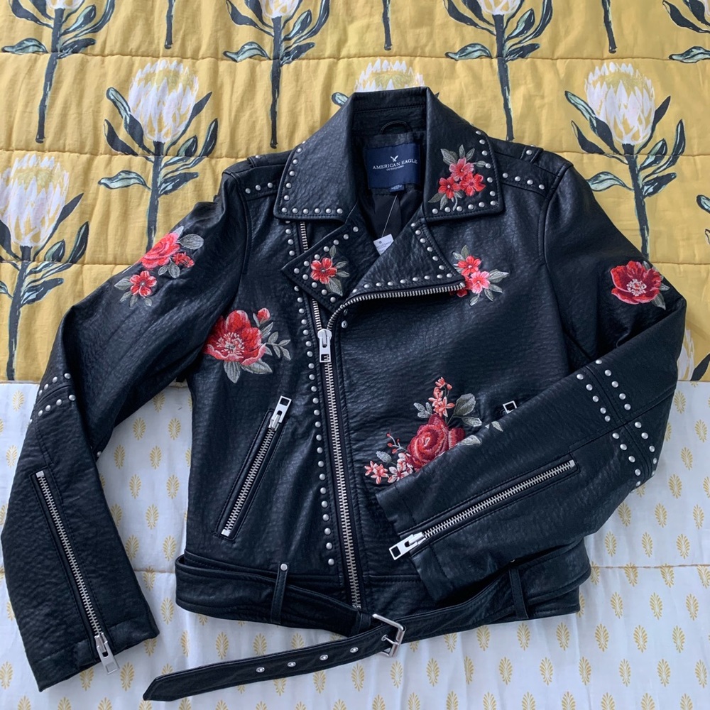 Leather jacket with embroidered rose detail